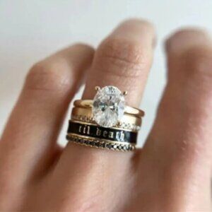 Til Death Black Enamel Band – Gold Tone Gothic Script Ring